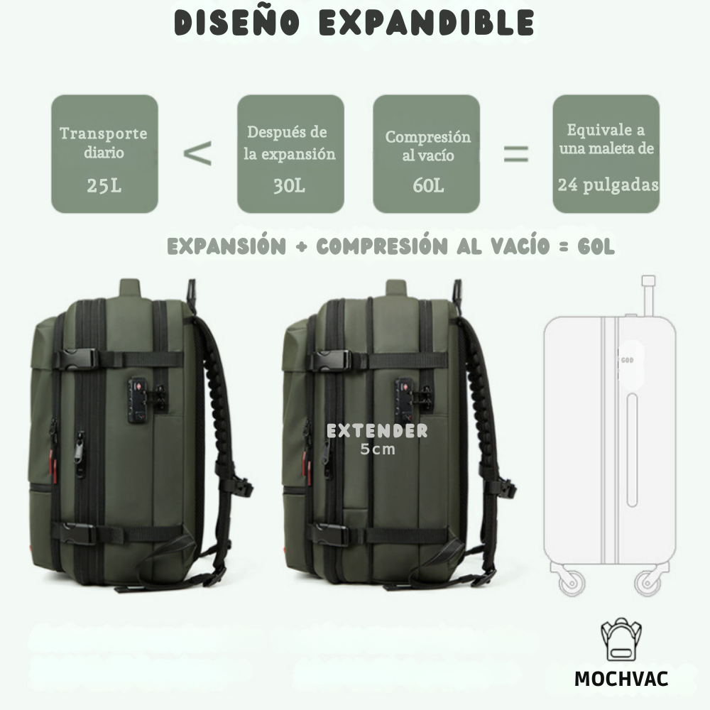 Mochila de Viaje Expandible de 60L con Compresión al Vacío